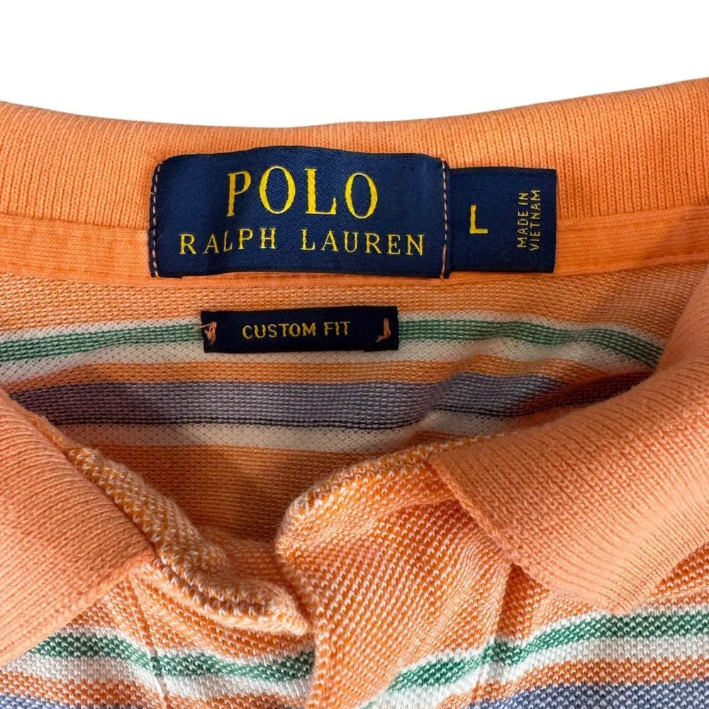 Polo Ralph Lauren‎ Mens Large Custom Fit Orange Striped Short Sleeve Polo Shirt